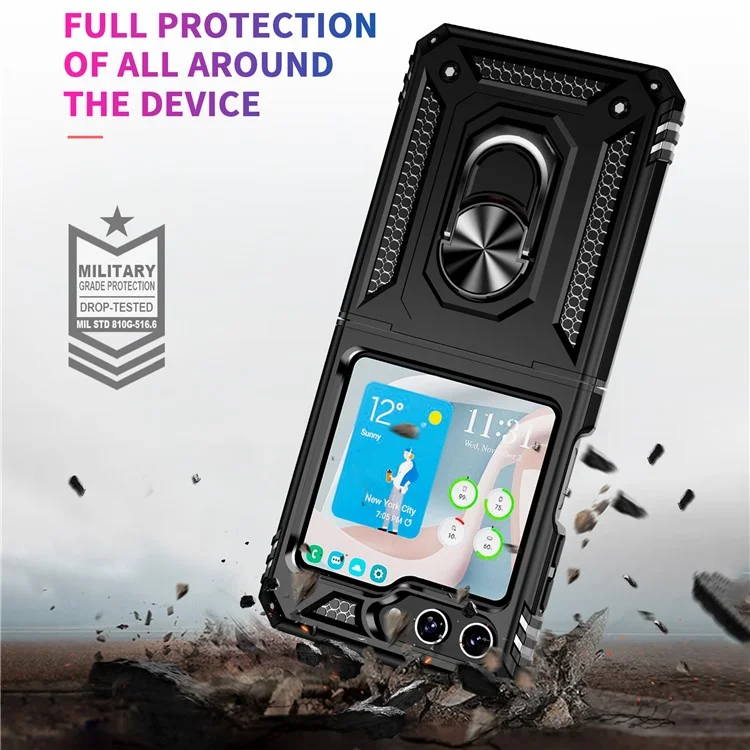 TPU+PC Phone Case for Samsung Galaxy Z Flip5 5G Ring Kickstand Anti-fall Cover with Car Mount Metal Sheet - Black