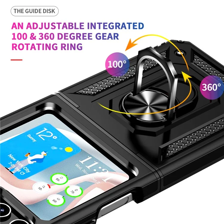 TPU+PC Phone Case for Samsung Galaxy Z Flip5 5G Ring Kickstand Anti-fall Cover with Car Mount Metal Sheet - Black