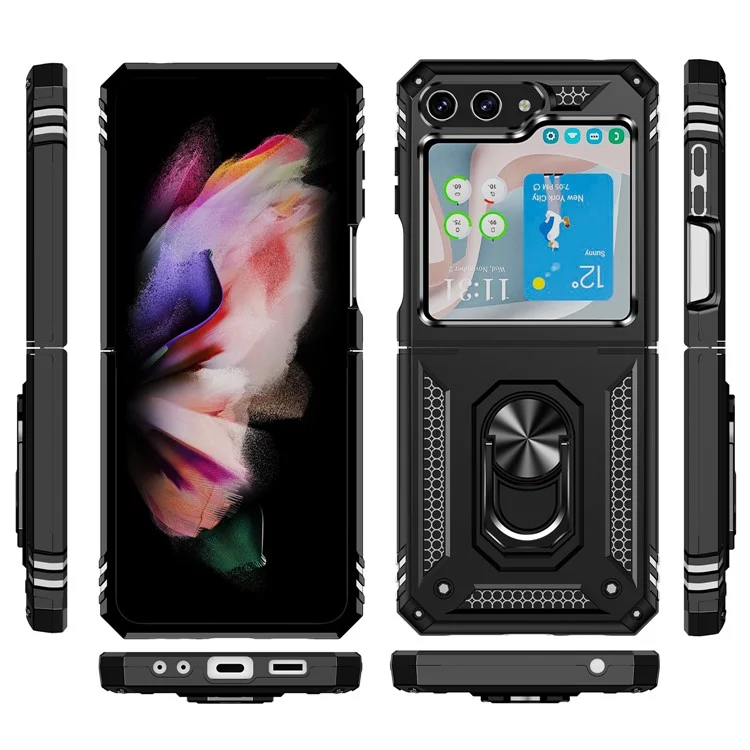 TPU+PC Phone Case for Samsung Galaxy Z Flip5 5G Ring Kickstand Anti-fall Cover with Car Mount Metal Sheet - Black