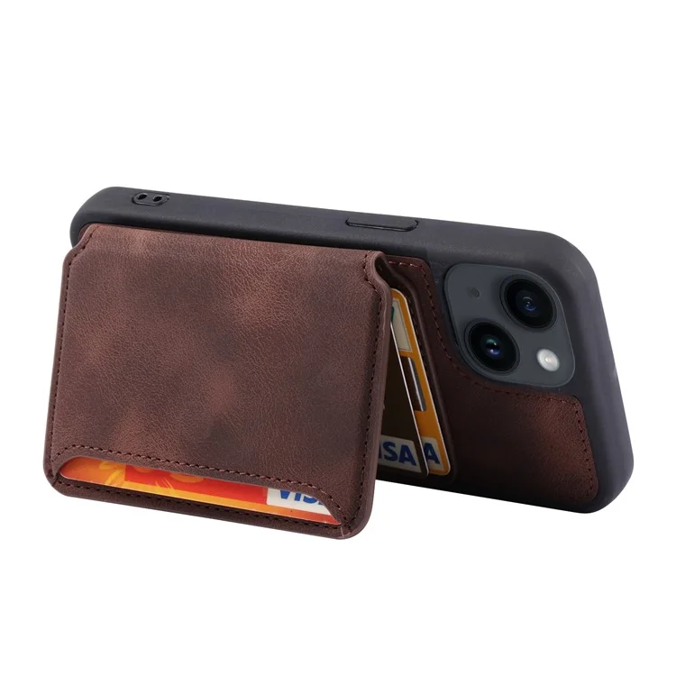 For iPhone 15 Plus Leather Coated TPU Phone Case RFID Blocking Wallet Phone Cover with Kickstand - Coffee