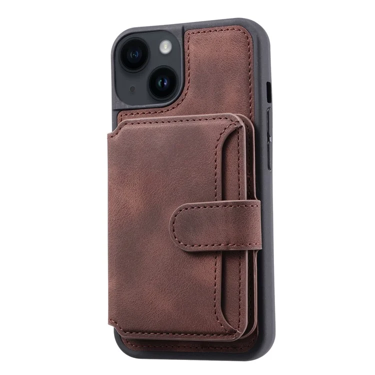 For iPhone 15 Plus Leather Coated TPU Phone Case RFID Blocking Wallet Phone Cover with Kickstand - Coffee