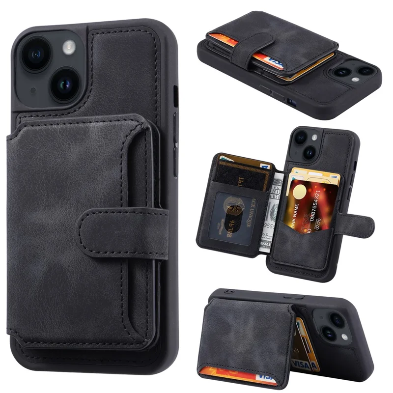 For iPhone 15 Plus Leather Coated TPU Phone Case RFID Blocking Wallet Phone Cover with Kickstand - Black