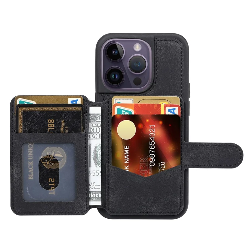 For iPhone 15 Pro Max Leather Coated TPU Phone Case RFID Blocking Wallet Anti-fall Cover with Kickstand - Black