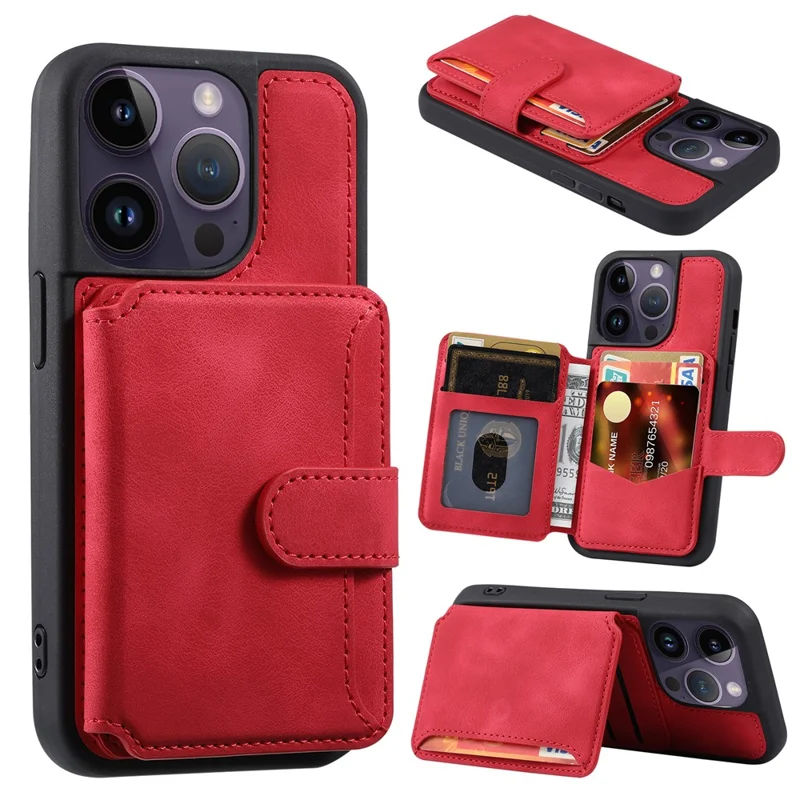 For iPhone 15 Pro Max Leather Coated TPU Phone Case RFID Blocking Wallet Anti-fall Cover with Kickstand - Red
