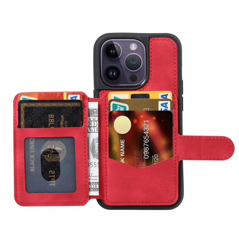For iPhone 15 Pro Max Leather Coated TPU Phone Case RFID Blocking Wallet Anti-fall Cover with Kickstand - Red