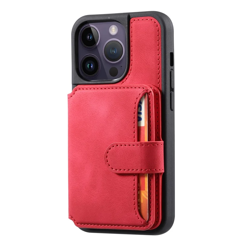 For iPhone 15 Pro Max Leather Coated TPU Phone Case RFID Blocking Wallet Anti-fall Cover with Kickstand - Red