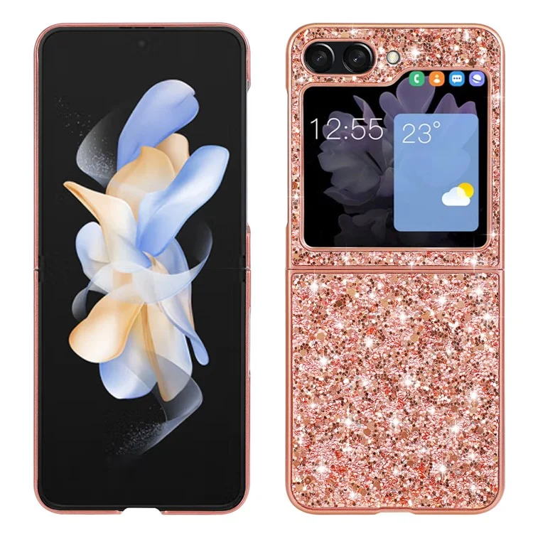 Para Samsung Galaxy Z Flip5 5G Glitter Sequins Bling Case TPU Frame Back PC Electroplating Phone Cover - Rose Gold