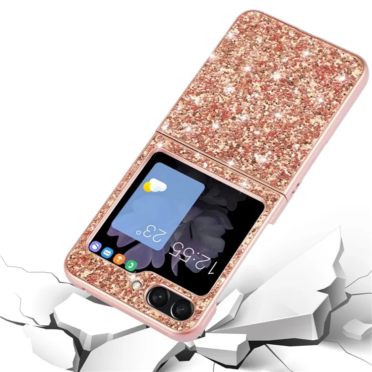 Para Samsung Galaxy Z Flip5 5G Glitter Sequins Bling Case TPU Frame Back PC Electroplating Phone Cover - Rose Gold