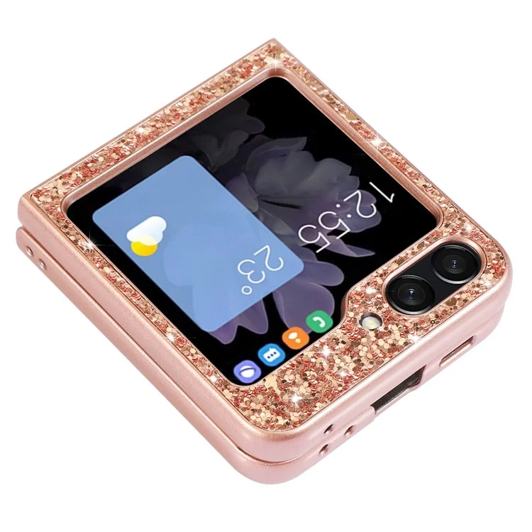 Para Samsung Galaxy Z Flip5 5G Glitter Sequins Bling Case TPU Frame Back PC Electroplating Phone Cover - Rose Gold