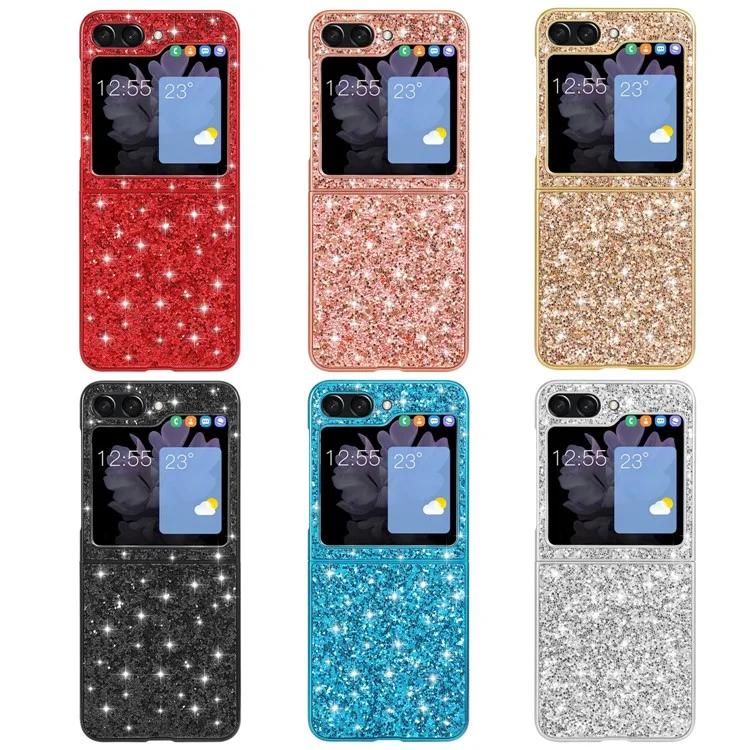 Para Samsung Galaxy Z Flip5 5G Glitter Sequins Bling Case TPU Frame Back PC Electroplating Phone Cover - Rose Gold