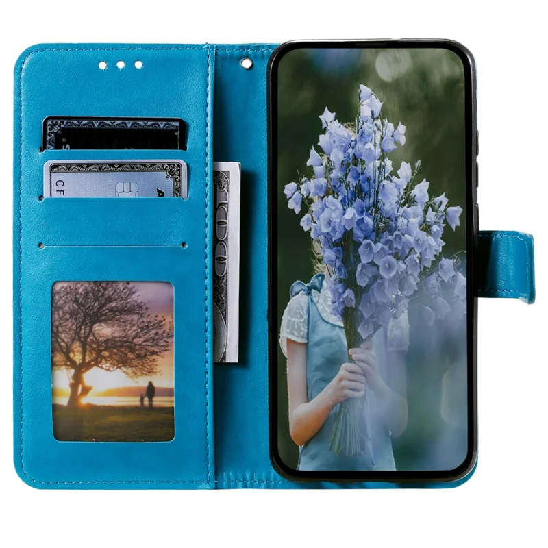For Samsung Galaxy A25 5G (Global) (161.0 x 76.5 x 8.3mm) PU Leather Stand Cover Imprinted Flower Wallet Phone Case with Strap - Blue