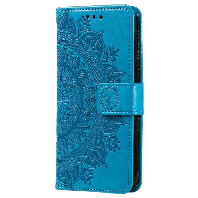 For Samsung Galaxy A25 5G (Global) (161.0 x 76.5 x 8.3mm) PU Leather Stand Cover Imprinted Flower Wallet Phone Case with Strap - Blue
