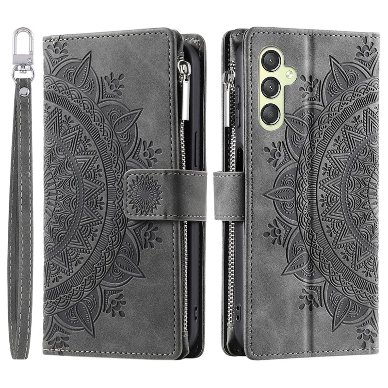 Phone Case for Samsung Galaxy S23 FE ,  Wallet PU Leather Stand Shell Multiple Card Slots Imprinted Cover with Strap - Grey