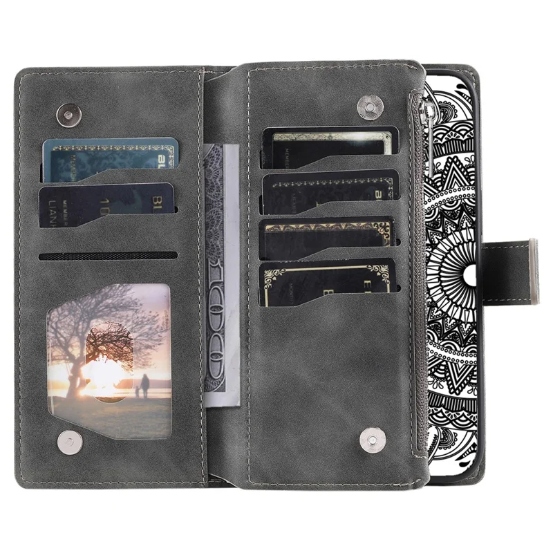 Phone Case for Samsung Galaxy S23 FE ,  Wallet PU Leather Stand Shell Multiple Card Slots Imprinted Cover with Strap - Grey