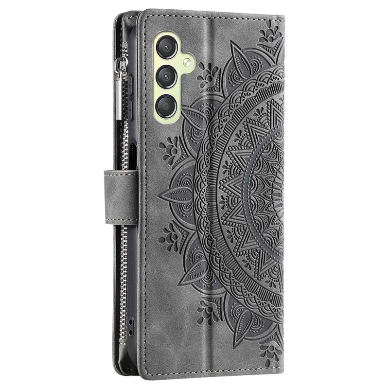 Phone Case for Samsung Galaxy S23 FE ,  Wallet PU Leather Stand Shell Multiple Card Slots Imprinted Cover with Strap - Grey