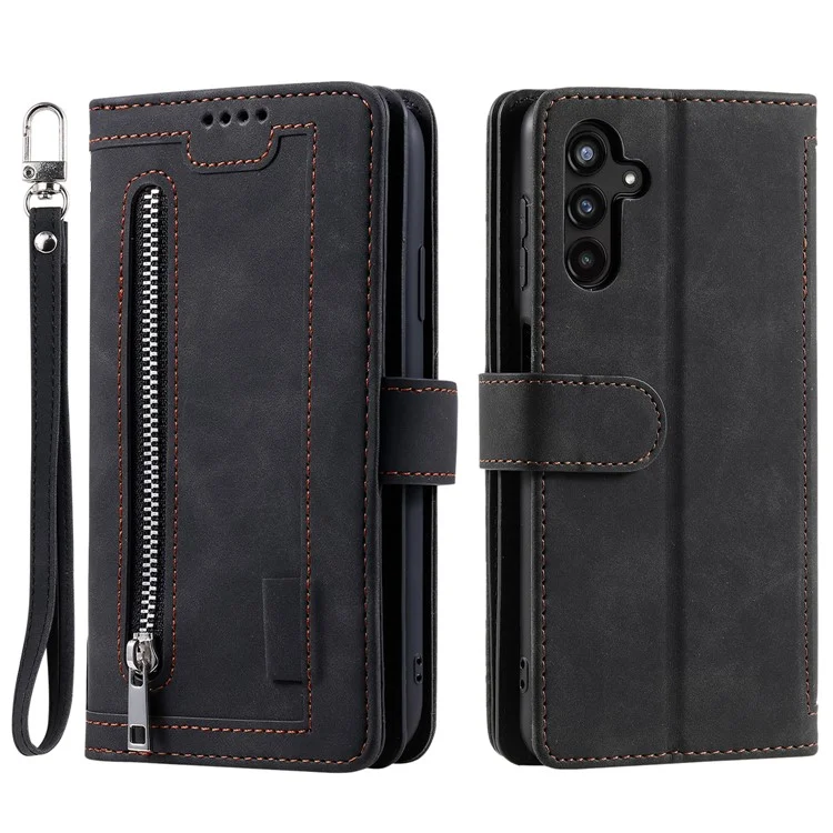 Para Samsung Galaxy S23 FE Zipper Pocket PU Leather Phone Case 9 Card Slots Protective Cover - Negro