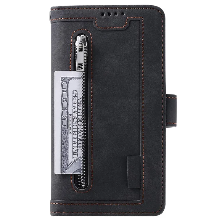 Para Samsung Galaxy S23 FE Zipper Pocket PU Leather Phone Case 9 Card Slots Protective Cover - Negro