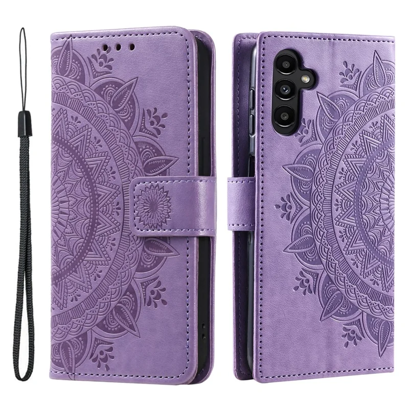 For Samsung Galaxy S23 FE Anti-Scratch PU Leather Cover Imprinted Mandala Flower Wallet Phone Stand Case with Strap - Purple