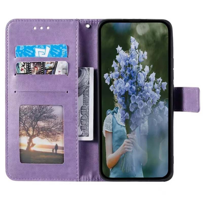 For Samsung Galaxy S23 FE Anti-Scratch PU Leather Cover Imprinted Mandala Flower Wallet Phone Stand Case with Strap - Purple