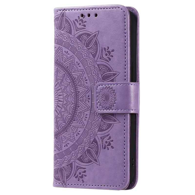 For Samsung Galaxy S23 FE Anti-Scratch PU Leather Cover Imprinted Mandala Flower Wallet Phone Stand Case with Strap - Purple
