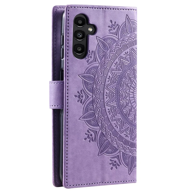 For Samsung Galaxy S23 FE Anti-Scratch PU Leather Cover Imprinted Mandala Flower Wallet Phone Stand Case with Strap - Purple
