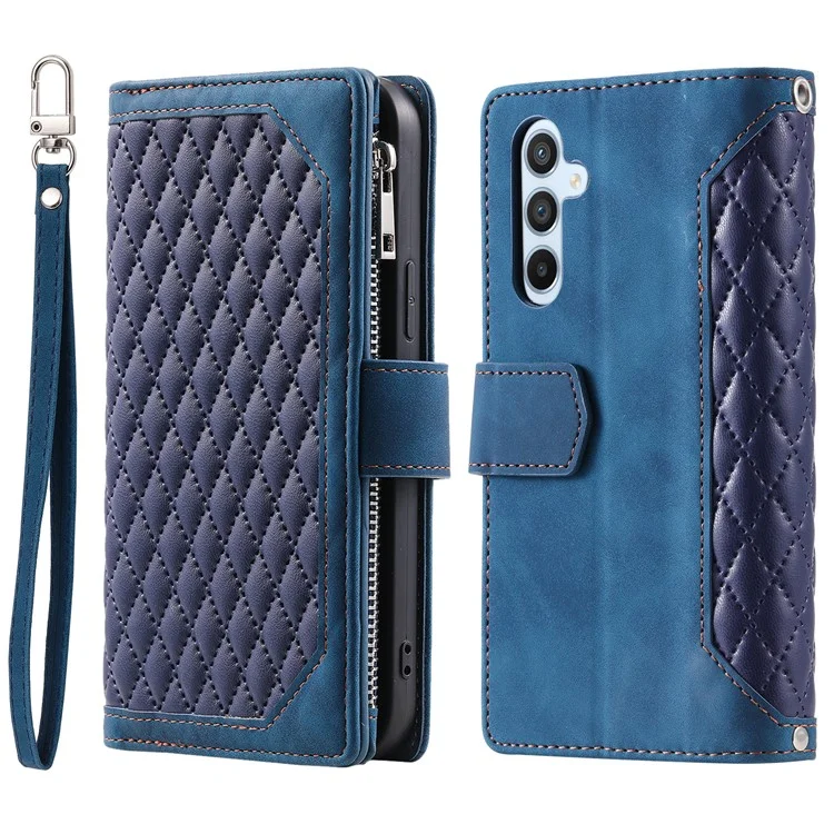 For Samsung Galaxy S23 FE PU Leather Phone Case Shell Rhombus Texture Zipper Pocket Wallet Stand Cover - Blue