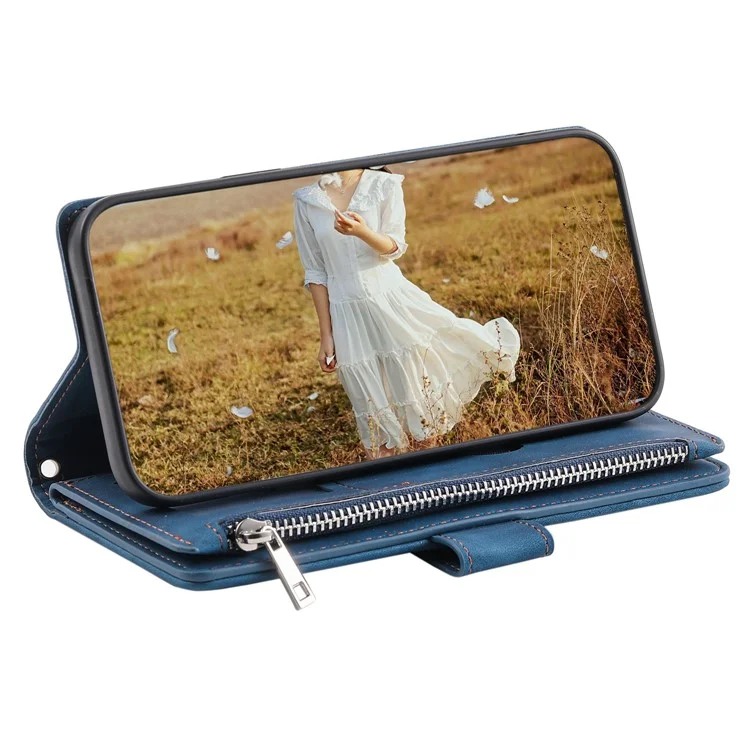For Samsung Galaxy S23 FE PU Leather Phone Case Shell Rhombus Texture Zipper Pocket Wallet Stand Cover - Blue