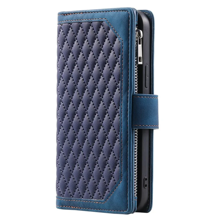 For Samsung Galaxy S23 FE PU Leather Phone Case Shell Rhombus Texture Zipper Pocket Wallet Stand Cover - Blue
