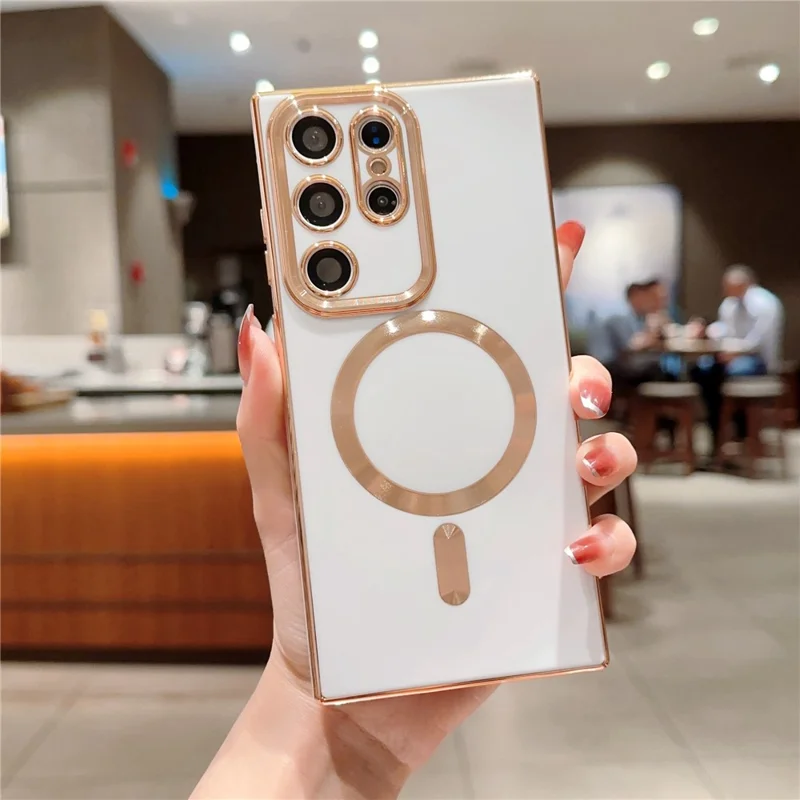 Back Case for Samsung Galaxy S23 Ultra 6D Electroplated Glossy TPU Phone Cover Magnetic Case - White