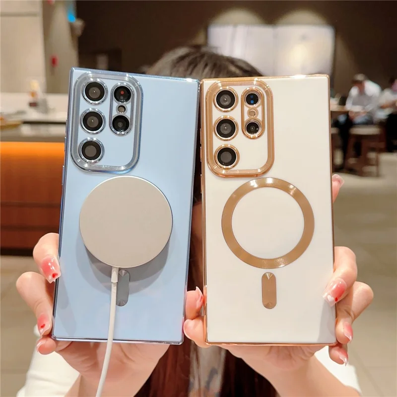 Back Case for Samsung Galaxy S23 Ultra 6D Electroplated Glossy TPU Phone Cover Magnetic Case - White