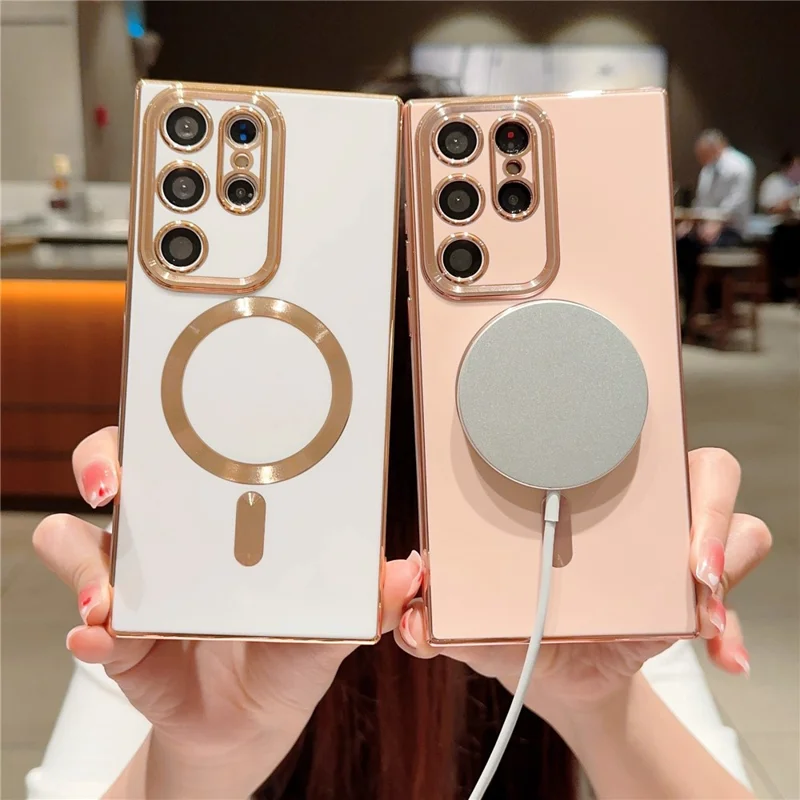 Back Case for Samsung Galaxy S23 Ultra 6D Electroplated Glossy TPU Phone Cover Magnetic Case - White