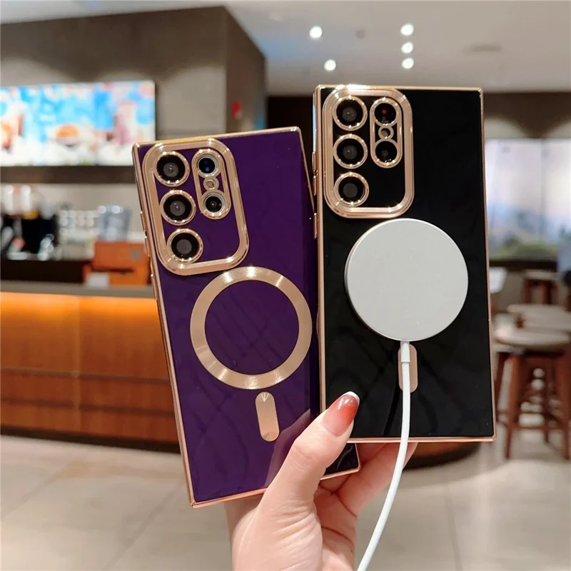 Back Case for Samsung Galaxy S23 Ultra 6D Electroplated Glossy TPU Phone Cover Magnetic Case - White