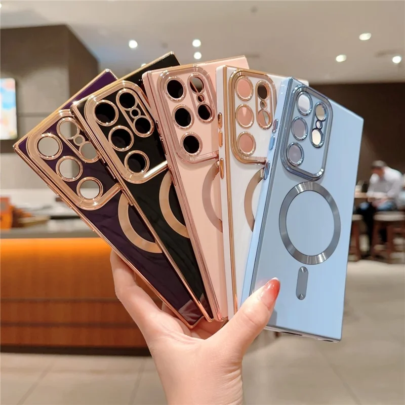 Back Case for Samsung Galaxy S23 Ultra 6D Electroplated Glossy TPU Phone Cover Magnetic Case - White