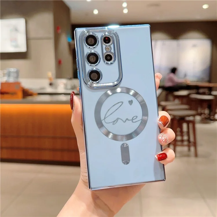 Für Samsung Galaxy S23 Ultra Handyhülle kompatibel mit MagSafe 6D Elektrovergüteter Liebe Weiche TPU-Abdeckung - Blau