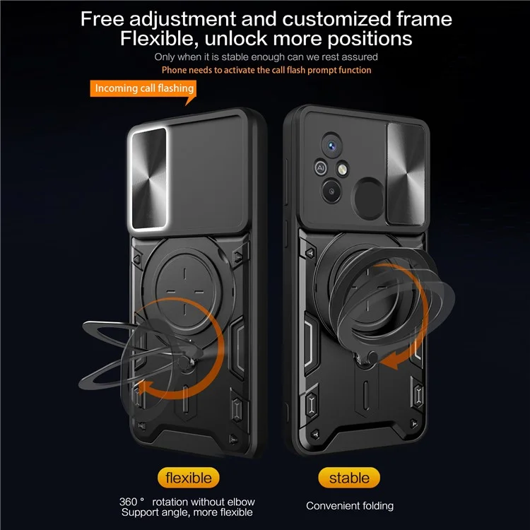 For Xiaomi Redmi 12C 4G / 11A 4G Slide Camera Lid PC+TPU Cover Ring Kickstand Anti-drop Phone Case - Black