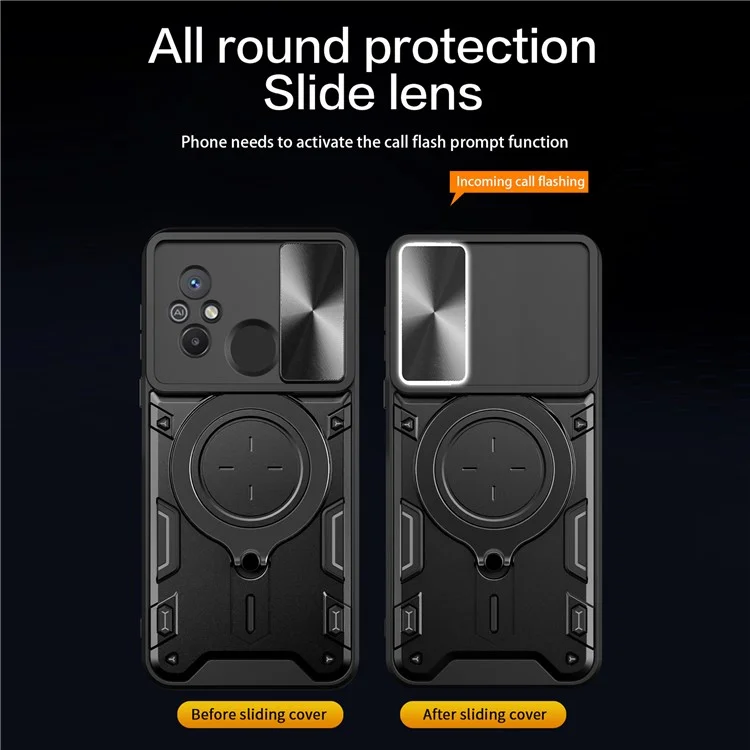 For Xiaomi Redmi 12C 4G / 11A 4G Slide Camera Lid PC+TPU Cover Ring Kickstand Anti-drop Phone Case - Black