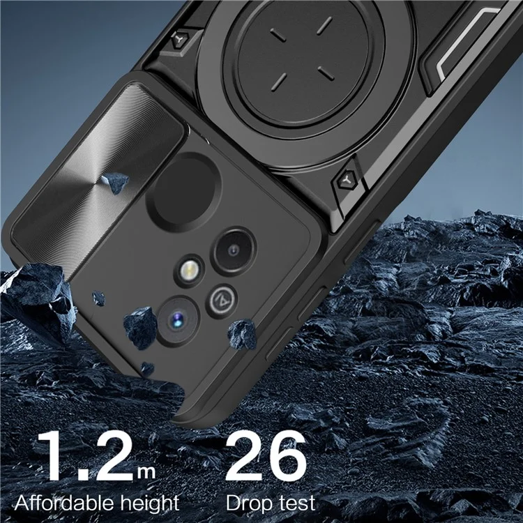 For Xiaomi Redmi 12C 4G / 11A 4G Slide Camera Lid PC+TPU Cover Ring Kickstand Anti-drop Phone Case - Black