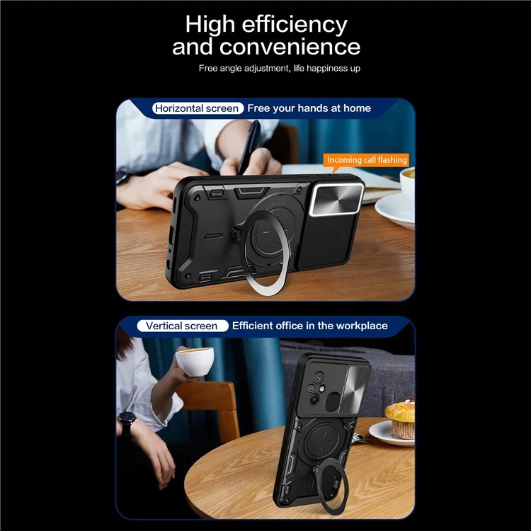 For Xiaomi Redmi 12C 4G / 11A 4G Slide Camera Lid PC+TPU Cover Ring Kickstand Anti-drop Phone Case - Black