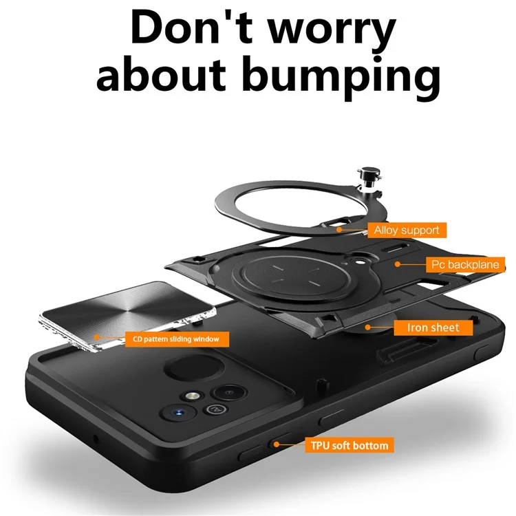 For Xiaomi Redmi 12C 4G / 11A 4G Slide Camera Lid PC+TPU Cover Ring Kickstand Anti-drop Phone Case - Black