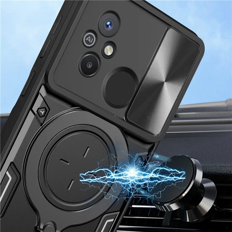 For Xiaomi Redmi 12C 4G / 11A 4G Slide Camera Lid PC+TPU Cover Ring Kickstand Anti-drop Phone Case - Black