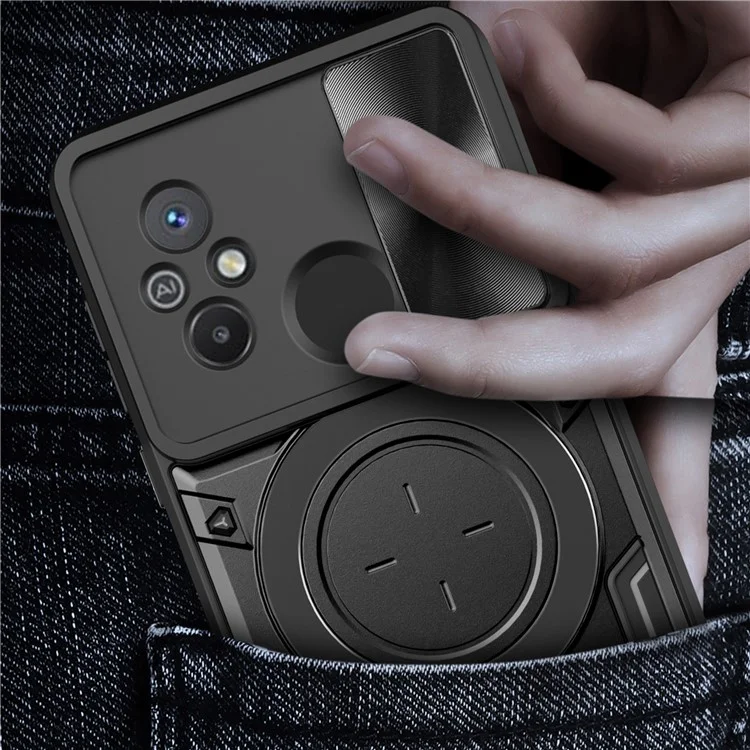 For Xiaomi Redmi 12C 4G / 11A 4G Slide Camera Lid PC+TPU Cover Ring Kickstand Anti-drop Phone Case - Black