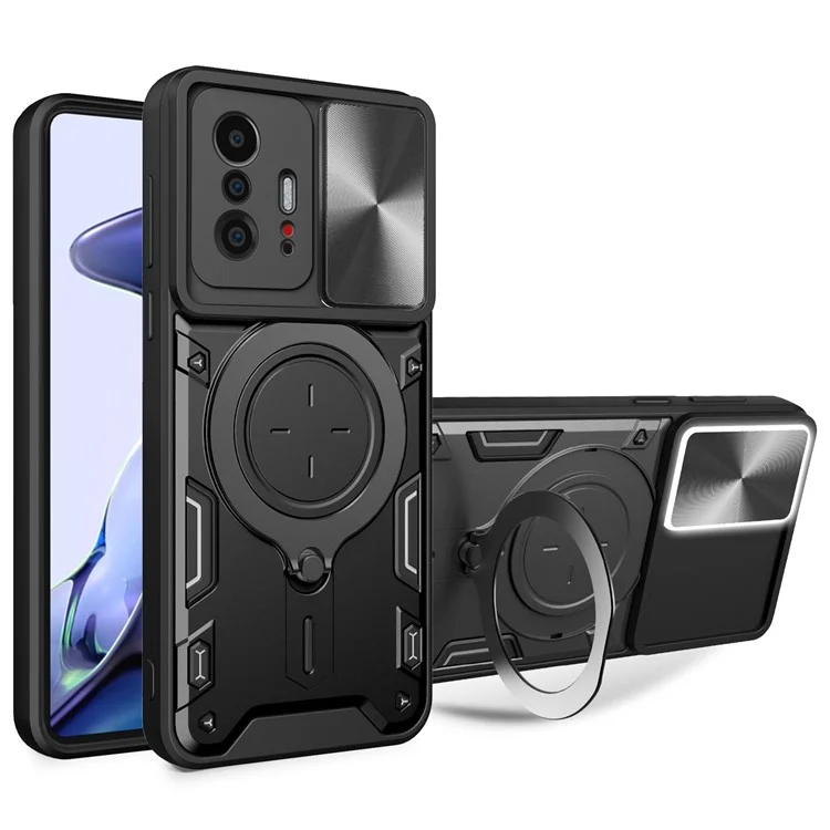 Para Xiaomi 11T 5G / 11T Pro 5G Capa PC+TPU com Anel de Slides da Câmera Suporte Anti-queda Caso de Telefone - Preto