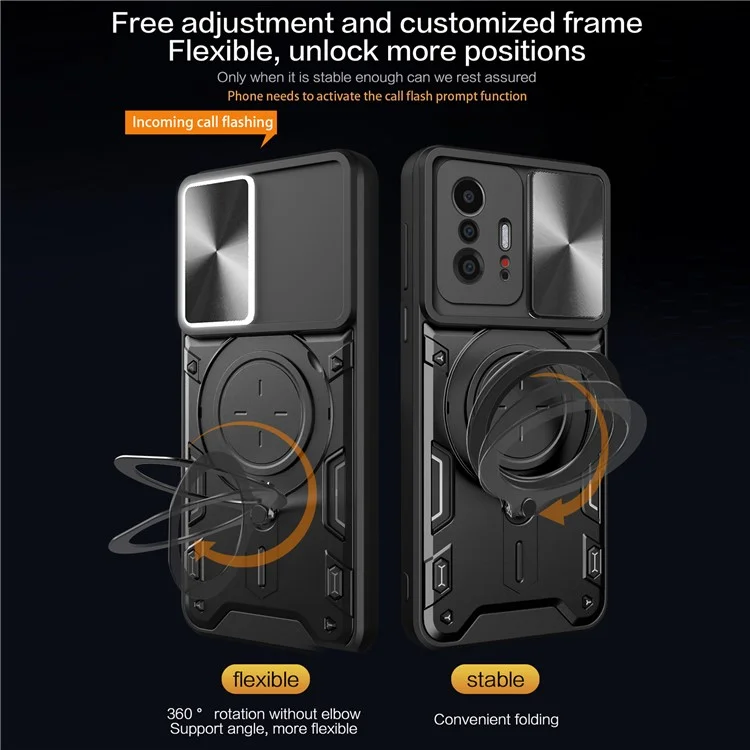 Para Xiaomi 11T 5G / 11T Pro 5G Capa PC+TPU com Anel de Slides da Câmera Suporte Anti-queda Caso de Telefone - Preto