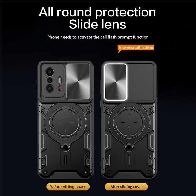 Para Xiaomi 11T 5G / 11T Pro 5G Capa PC+TPU com Anel de Slides da Câmera Suporte Anti-queda Caso de Telefone - Preto