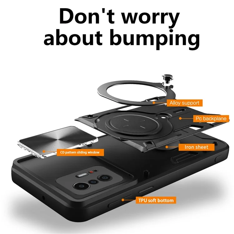 Para Xiaomi 11T 5G / 11T Pro 5G Capa PC+TPU com Anel de Slides da Câmera Suporte Anti-queda Caso de Telefone - Preto