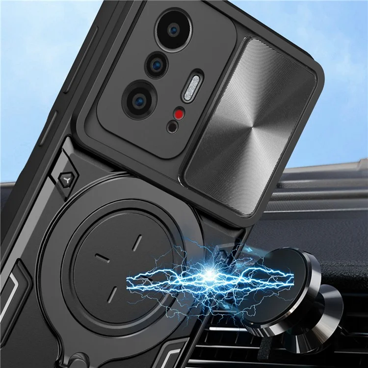 Para Xiaomi 11T 5G / 11T Pro 5G Capa PC+TPU com Anel de Slides da Câmera Suporte Anti-queda Caso de Telefone - Preto