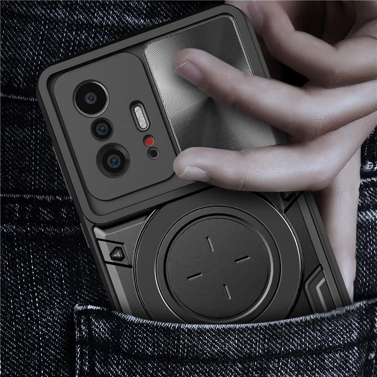 Para Xiaomi 11T 5G / 11T Pro 5G Capa PC+TPU com Anel de Slides da Câmera Suporte Anti-queda Caso de Telefone - Preto