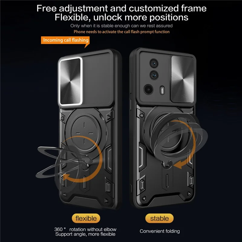 For Xiaomi 13 Lite / Civi 2 5G PC+TPU Shockproof Cover with Slide Camera Lid Ring Kickstand Phone Case - Black