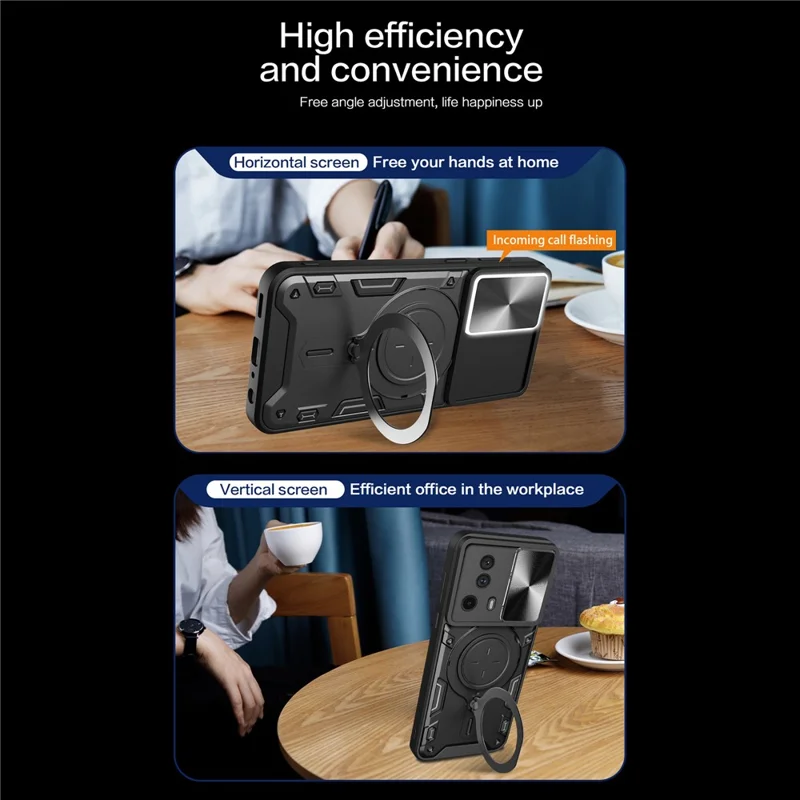 For Xiaomi 13 Lite / Civi 2 5G PC+TPU Shockproof Cover with Slide Camera Lid Ring Kickstand Phone Case - Black