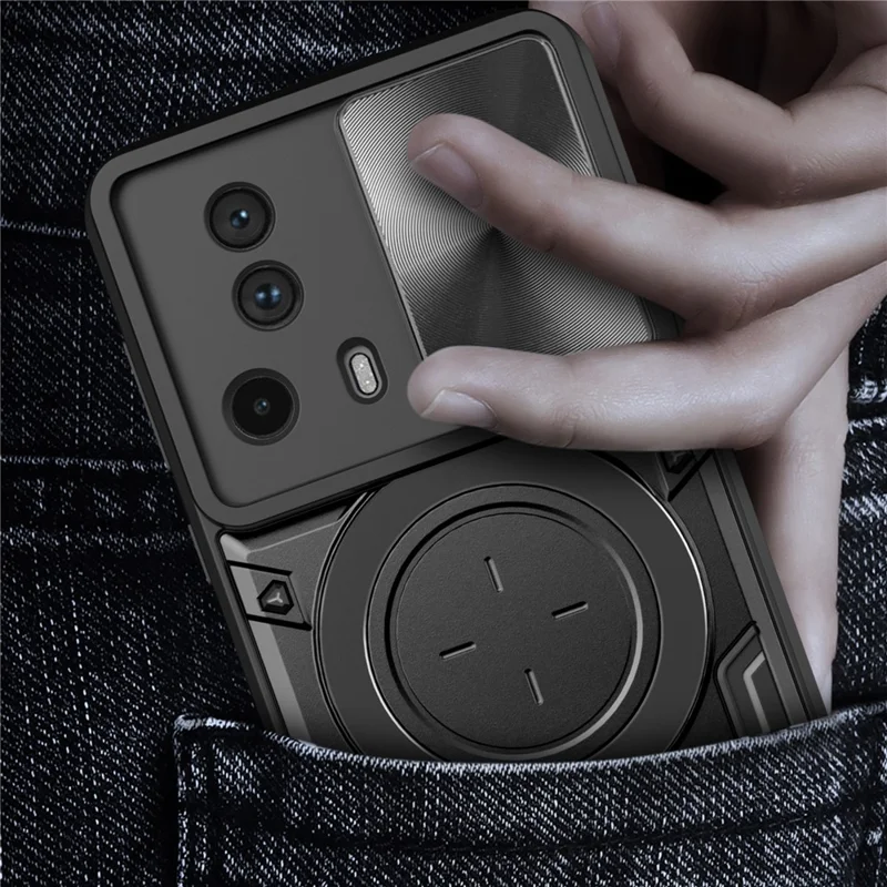 For Xiaomi 13 Lite / Civi 2 5G PC+TPU Shockproof Cover with Slide Camera Lid Ring Kickstand Phone Case - Black